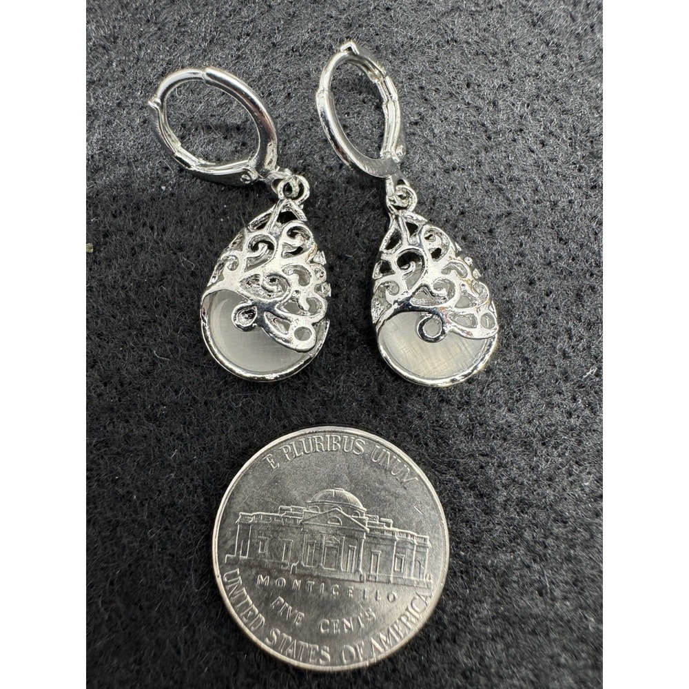 Silver Tone Leverback Dangle Earrings Teardrop Filigree Nickel-Free No Stone